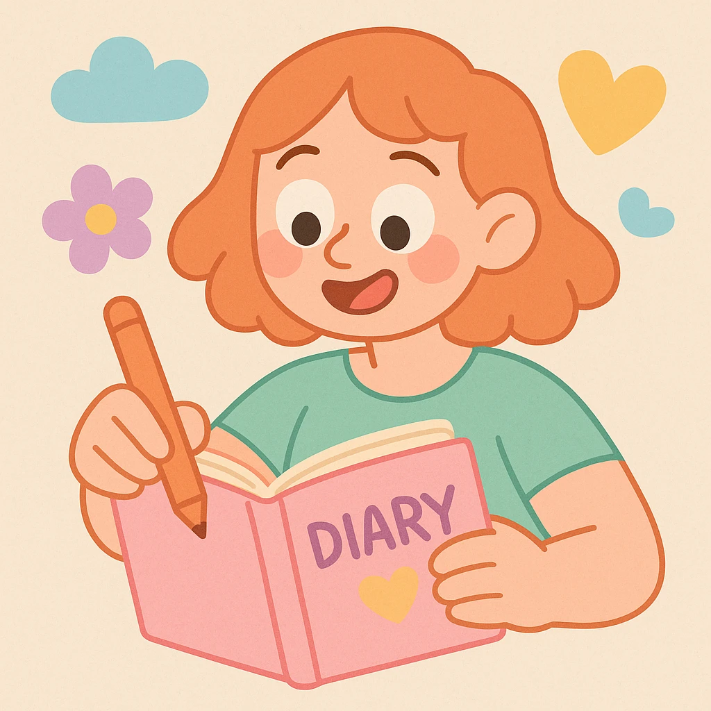 a diary, pastel toon style, soft pastel colors, cartoonish emoji