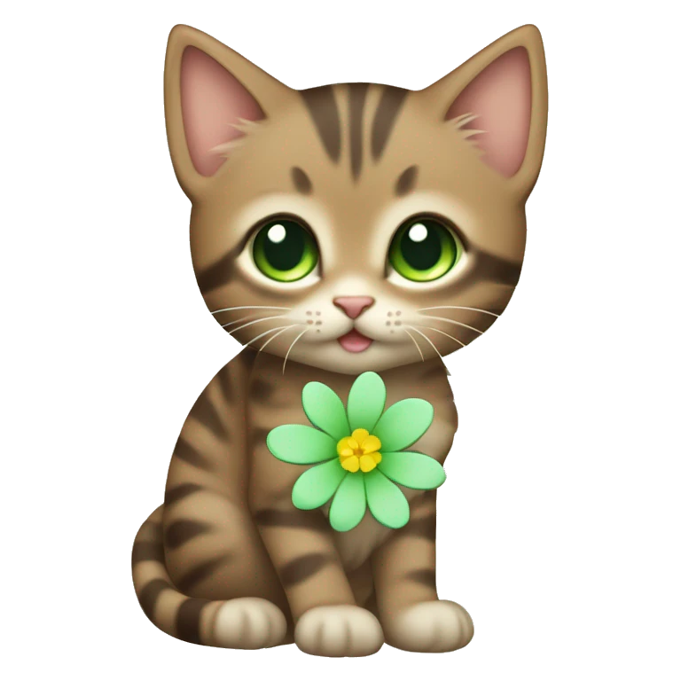 kawaii brown tabby kitten with green eyes and pastel green flower emoji