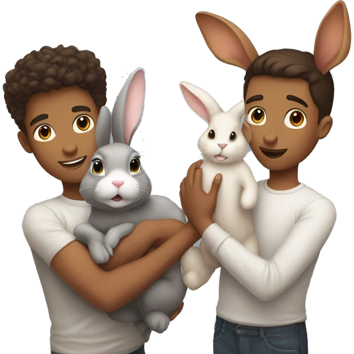 brunette young man holding a ginger bunny and a gray bunny emoji