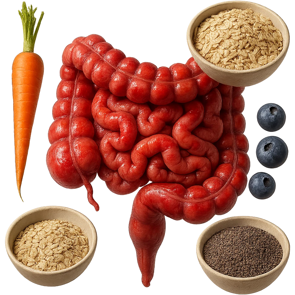 intestino umano anatomico infiammato al centro con carota, bowl di avena, mirtilli, bowl di semi di chia che gli fluttuano intorno , iperrealistico 4k emoji