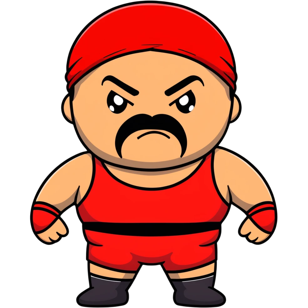 White skin fat guy with prominent black durag, short black beard and mustache, black eyes in a red and black wrestling singlet with angry face emoji