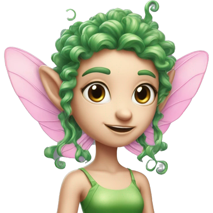 a pink-skinned creature with 4 eyes, elf ears with green curly hair, and fairy pixie wings, with FOUR EYES, SKINIS PINK emoji