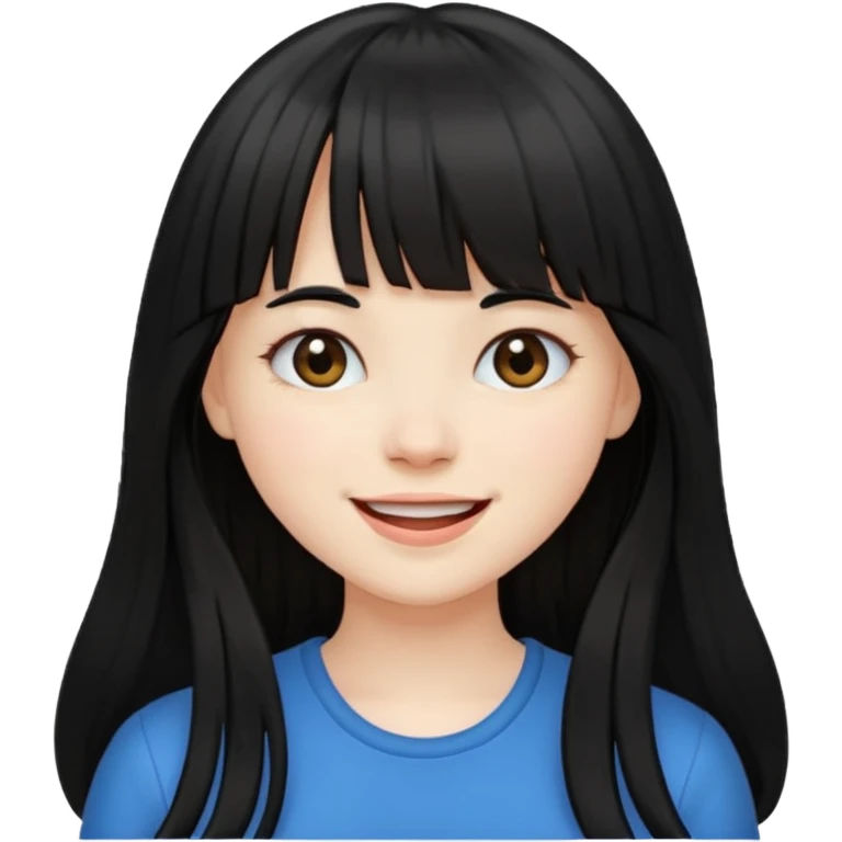 Pale girl with long black hair with bangs, happy emoji
