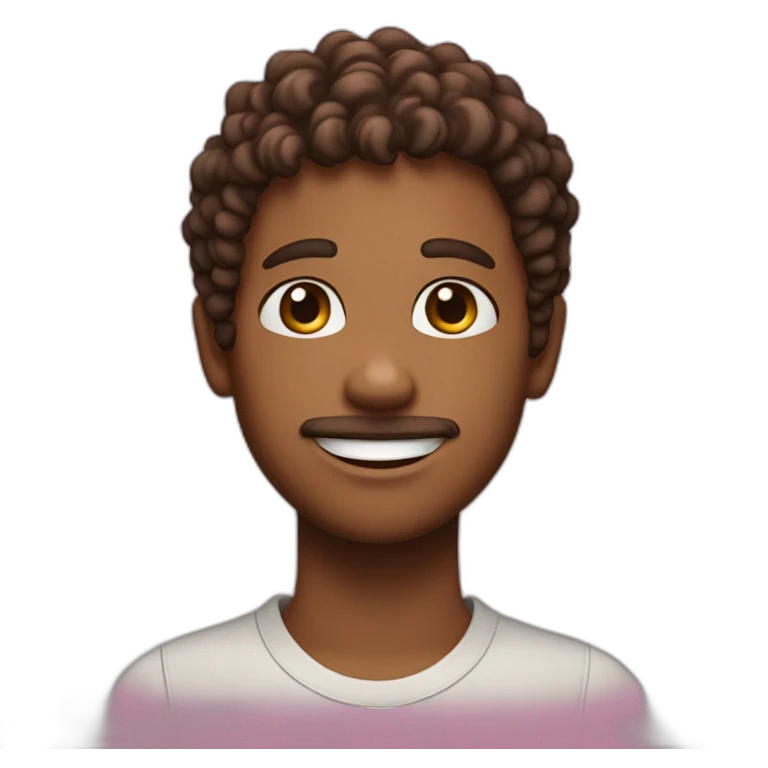 a boy with curly brown hair and a small pink streak. With a small beard. Smiling  emoji