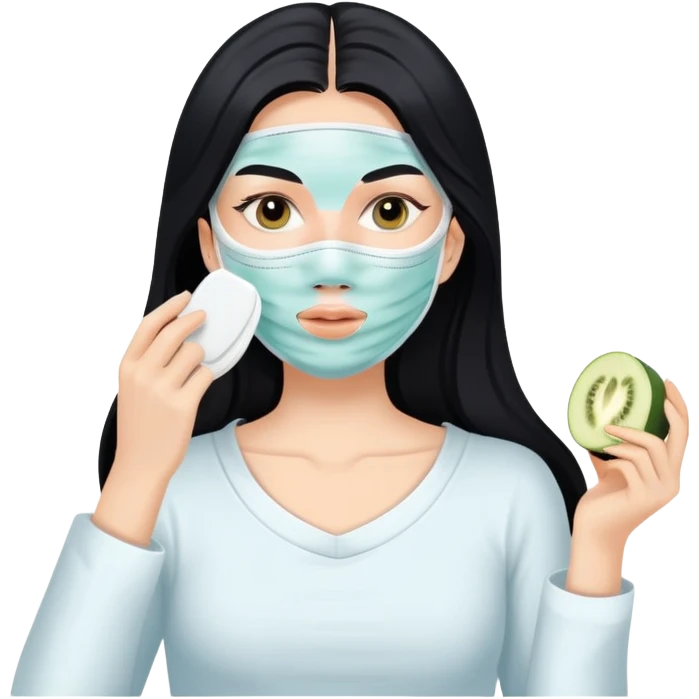 White girl with long black hair applying face mask, self care skincare routine emoji