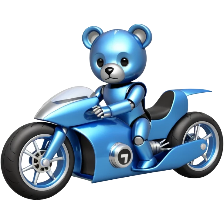  Metallic blue and lightly chrome-accented  kid-sized race car for scary robot teddy bear with custom aero body and rear wing and motorcycle wheels  emoji