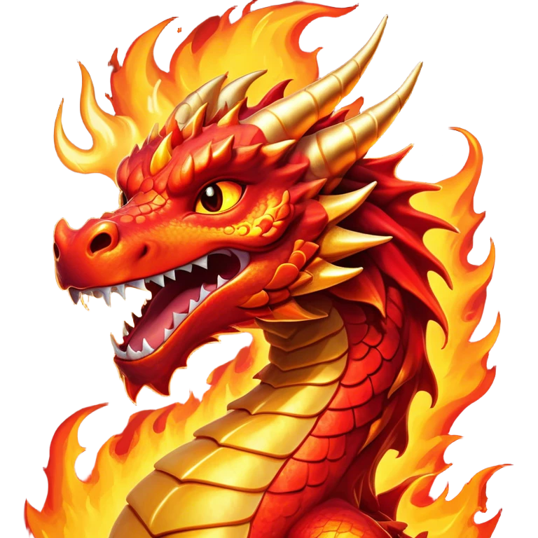 Cinematic Comical Fierce Fire Dragon Portrait Emoji, Head tilted dramatically with an exaggeratedly amused expression, featuring a striking, flame-draped body with bold, blazing scales in intense red and molten gold, and eyes twinkling with fiery mischief; rendered with vivid, lifelike textures and dynamic, flickering shadows, high shine, dramatic yet playful, styled with an air of cheeky volcanic mischief, soft glowing outline, capturing the essence of a spirited and over‐the‐top inferno that looks ready to burst into a cascade of playful embers! emoji