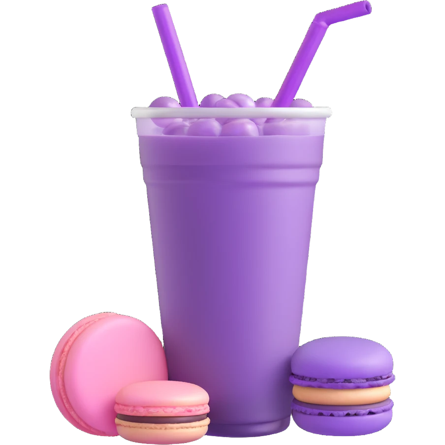 3D emoji of purple bubble tea with a macaron beside it, glossy and appealing emoji