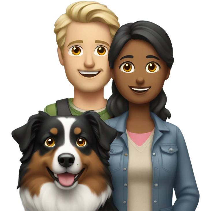 A man and a woman with 2 Australian shepherds emoji