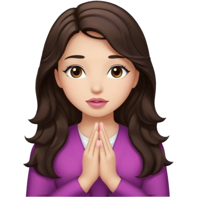 girl with wavy long glamorous dark brown hair, brown eyes, light to medium complexion, long lashes, light pink lipstick, praying emoji