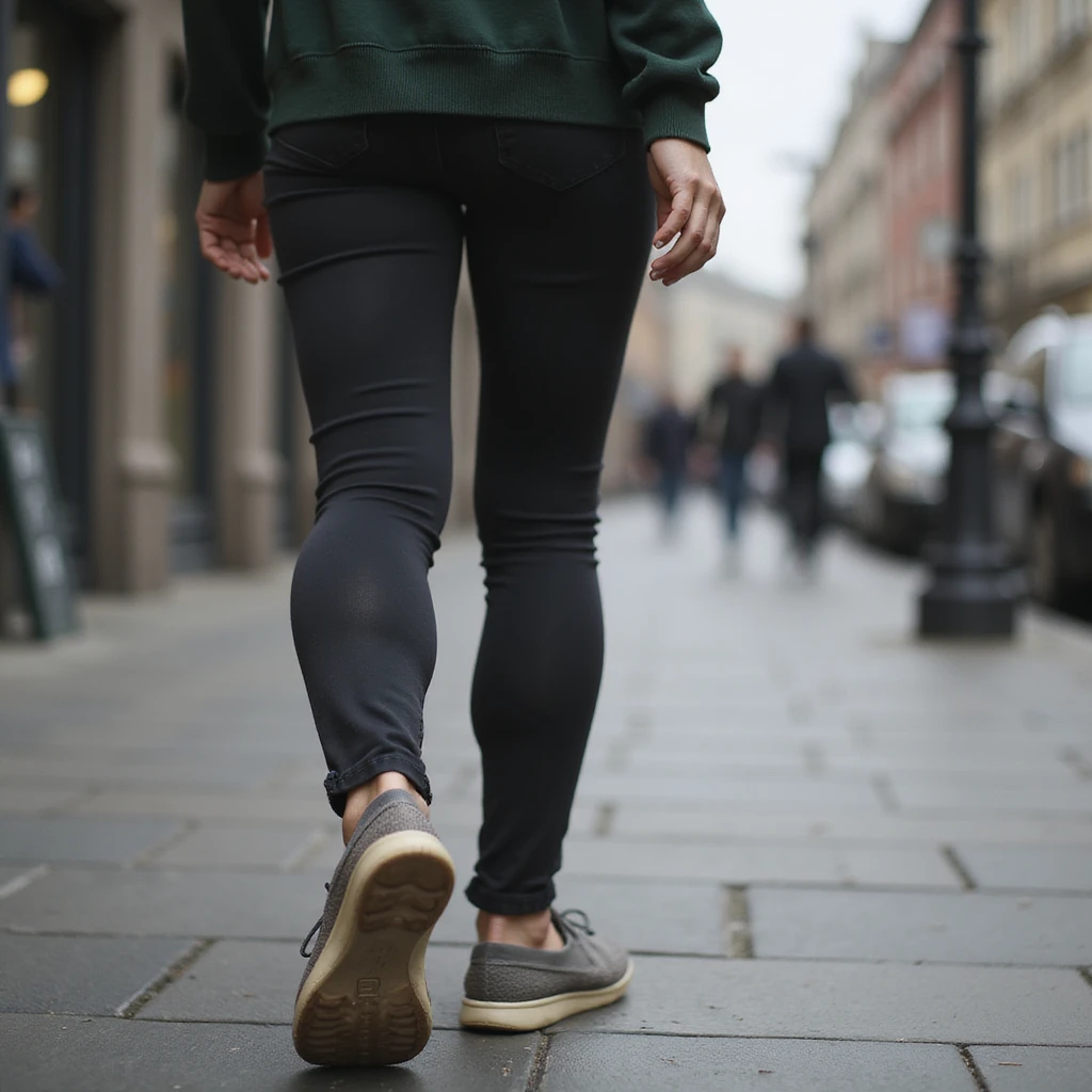 realistic 4K woman walking with slight limp, visible insole in shoe, tired expression, urban realistic environment emoji