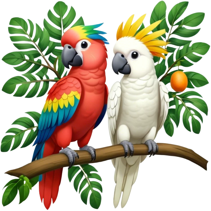 Close-up of colorful parrots Ara and Cockatoo Inca perched on tree branches, surrounded by lush greenery. Bright, vivid feathers contrast with the natural background of trees, leaves, fruits. Soft natural light, enhancing vibrant colors. Transparent background. emoji