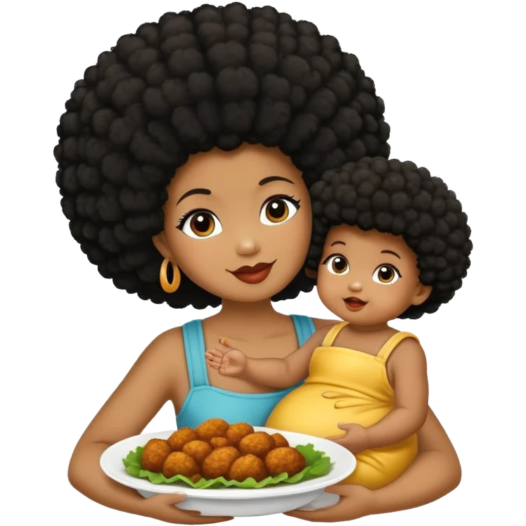 Una reina negra de piel oscura con afro dando de comer a su bebé de 8 meses varón de piel un poco más cara, el bebé está feliz comiendo pollo emoji