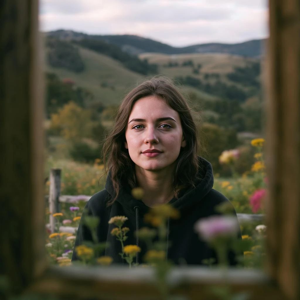 A portrait of a person in the foreground, blurred plants in the foreground (frame within a frame), a wooden fence and colorfull flowers in the midground, rolling hills in the background, cinematic depth of field, layered composition, natural lighting emoji