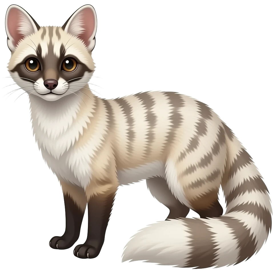 Whitish colorful iridescent genet-Fossa-civet-Feli-mustelid-creature-hybrid, full body emoji
