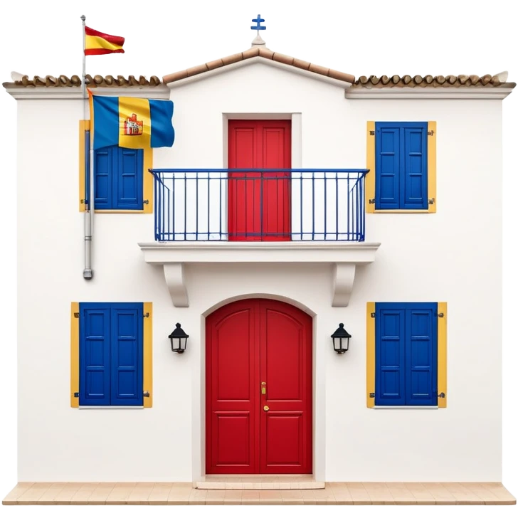 Andalusian-style Spanish house with white walls, blue windows, Spanish flag (red-yellow-red horizontal stripes) hanging from a small flag pole on the facade emoji