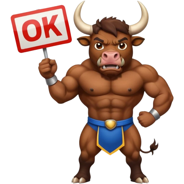 Angry powerful bull emoji holding a sign with the words OK in front of it emoji