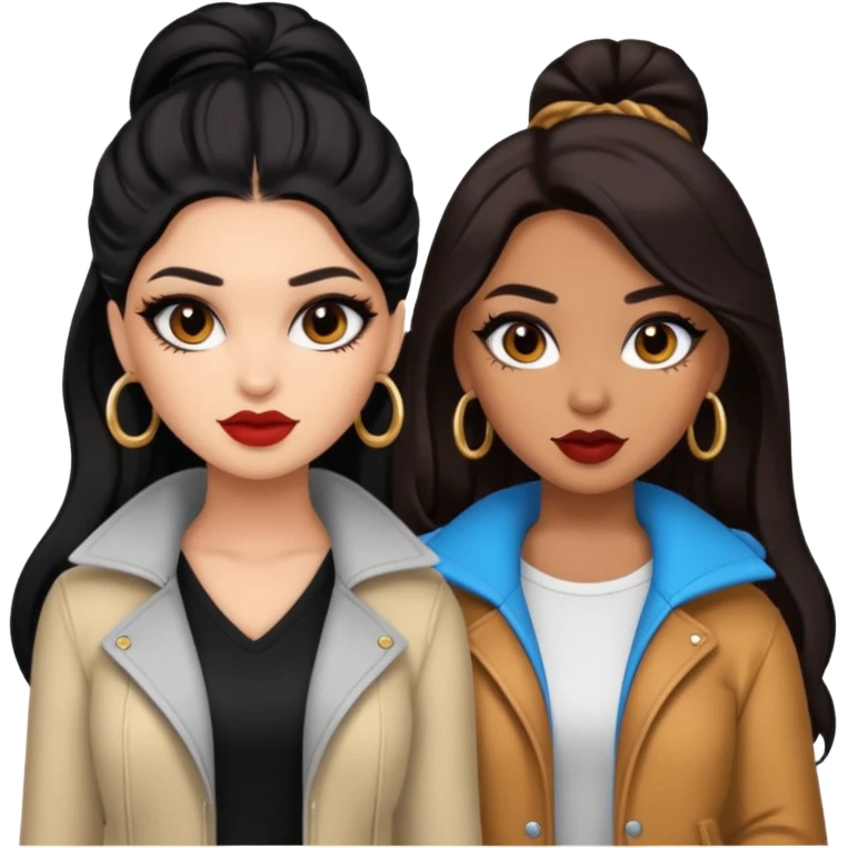 Boujy baddie best friends, trendy heavy makeup both dark hair one light skinned and one caramel skin  emoji