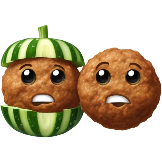 Two meat balls side by side with a cucumber standing on top in the middle of them emoji