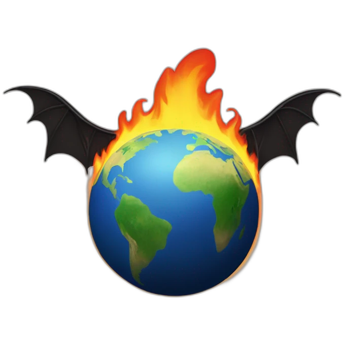 flat earth on fire with bat wings and peper clip emoji