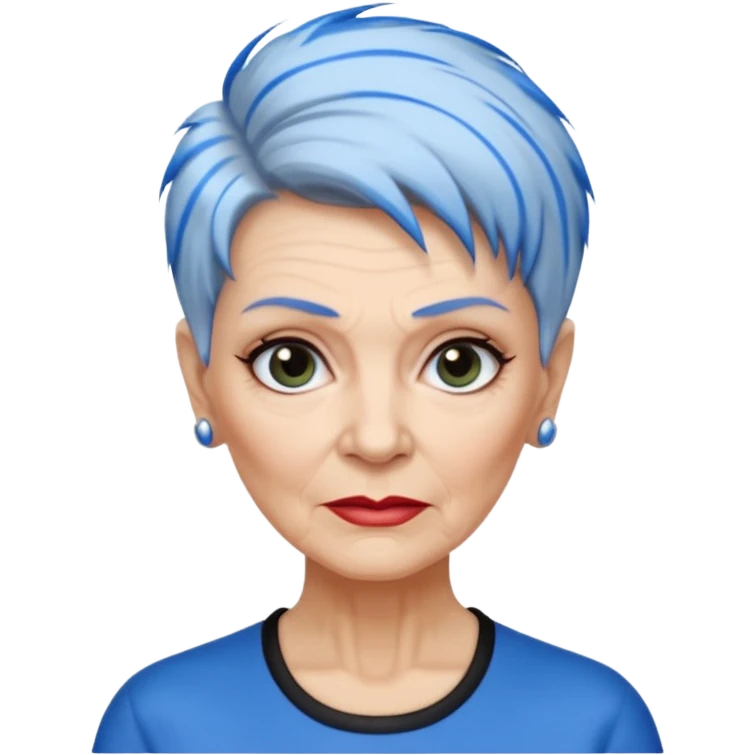 reife frau, achtzigJahre alt kein kind! freche extreme schwarze Kurzhaarfrisur eine Seite wirklich fast keine Haare andere Seite mit blauer Strähne kurze Seite noch viel kürzer emoji
