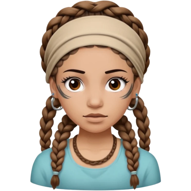 big lose braids starting from the top of the head woman face wiith big visible braids and mono color headband on head strict face and braids as big as headband and lots and lots of face tattoos emoji