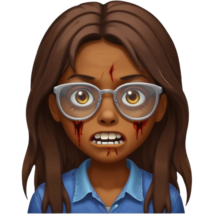 Girl zombie with brown long hair with teeth and serious face IOS style with glasses emoji