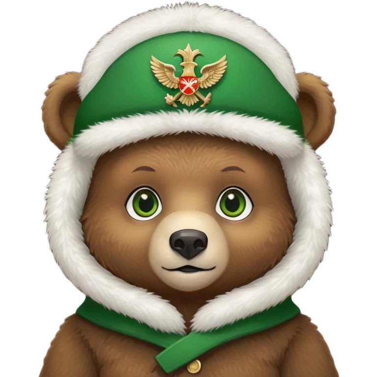 Just the head of a cute small brown bear cub with green eyes, wearing only a white fluffy ushanka hat with detailed Russian Federation double-headed eagle emblem, no other clothing, iOS emoji style emoji