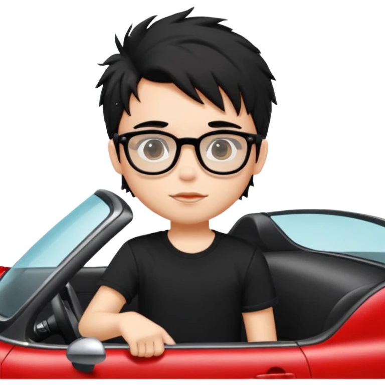 generate a pretty bratz fair skinned boy with black messy hair wearing a black tshirt driving a red car. Glasses on.  emoji
