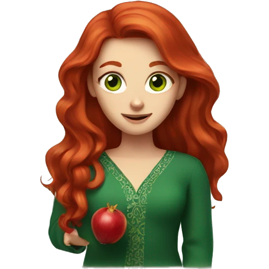 Redhead with green eyes, long red hair, holding a pomegranate. emoji