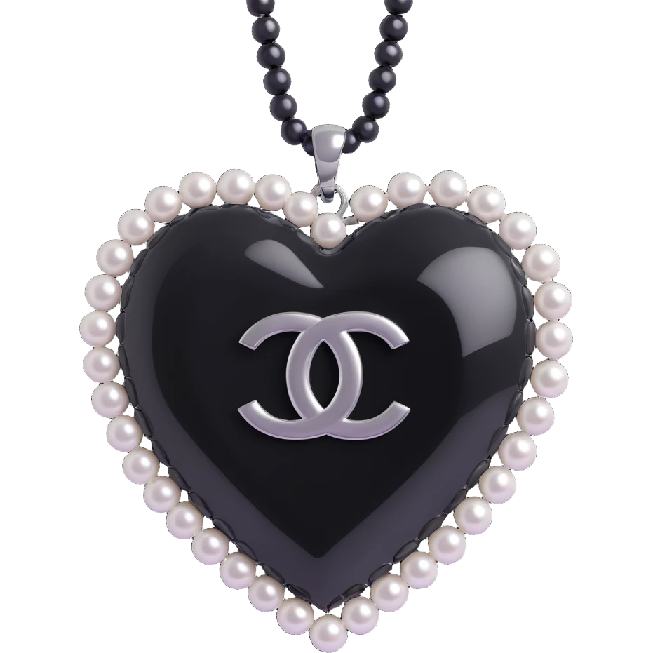 glossy black heart with a string of pearls around it, featuring a silver Chanel logo in the center, elegant, black and white color scheme emoji
