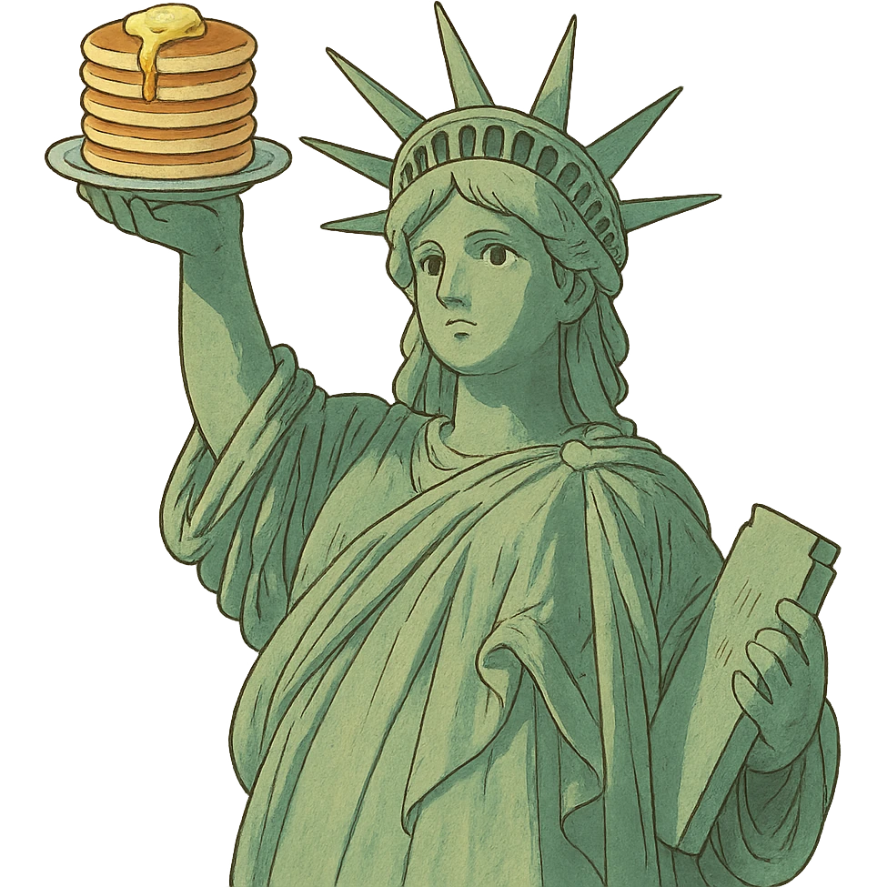 Statue of Liberty holding a stack of pancakes in ghibli style emoji