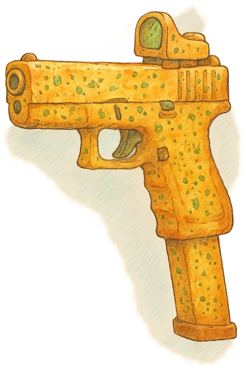 A glock with an extended magazine and holo sight, except it’s garlic bread  emoji