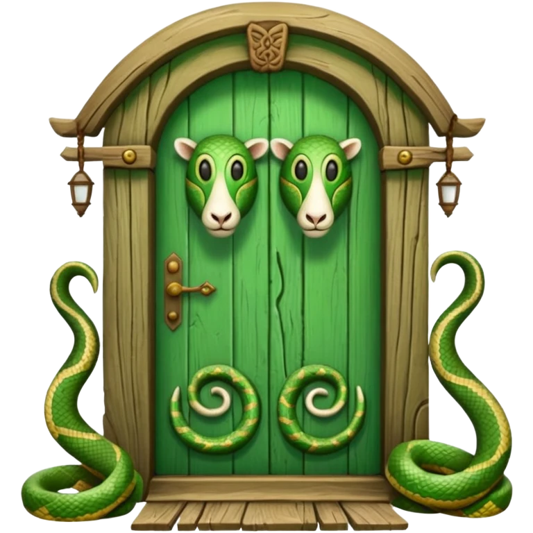 Ancient green door with a carving of a lamb and a snake on it emoji