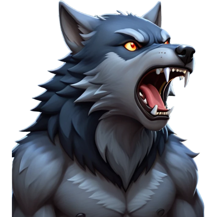 cinematic-noble-fierce-werewolf-howling-portrait-emoji, poised-and-imposing, with a fierce wolfish face tilted upwards in a haunting howl, glowing eyes full of primal ferocity, sharp, and a rugged snout, fur rippling in shades of midnight black and silver, muscles tensed as the powerful howl echoes beneath the moonlit sky; rendered with realism, capturing the raw, untamed power of the beast in its wild, primal state emoji