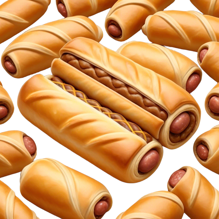 Cinematic Realistic Sausage Roll Dish Emoji, depicted with a crisp, golden pastry wrapped around flavorful sausage, rendered with detailed textures and appetizing lighting. emoji