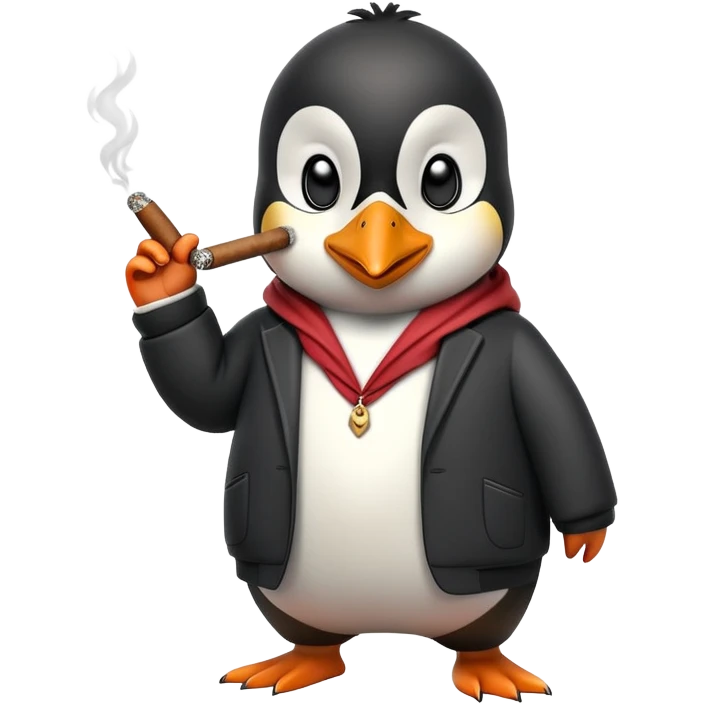 friendly anthropomorphised penguin wearing a mafia-style tracksuit, holding a cigar, confident pose, scheming soprano vibe emoji
