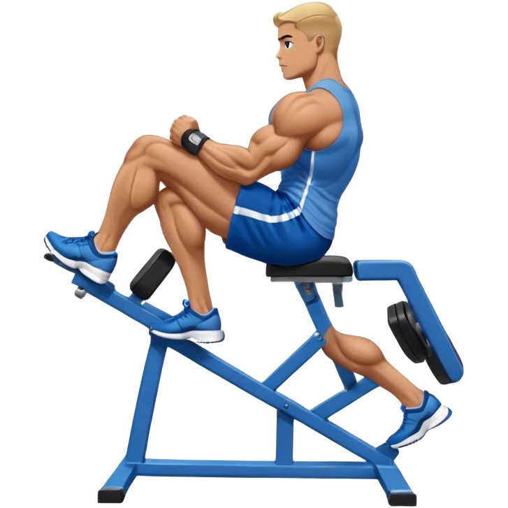 side-view bodybuilder in blue shorts seated weighted calf-raise machine lower leg exercise emoji