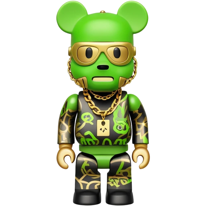classic bearbrick figure with lime green mask covered in chaotic brand logos, wearing several large gold chains, gold pendant, rapper style accessories, expressive eyebrows emoji