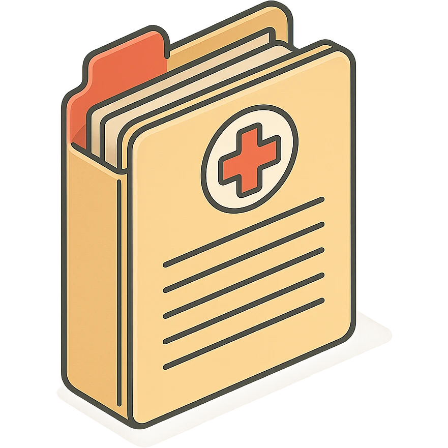first page of medical history folder, 2D isometric style, clean outlines, highly detailed drawing, shadows and highlights, soft lighting, transparent background emoji
