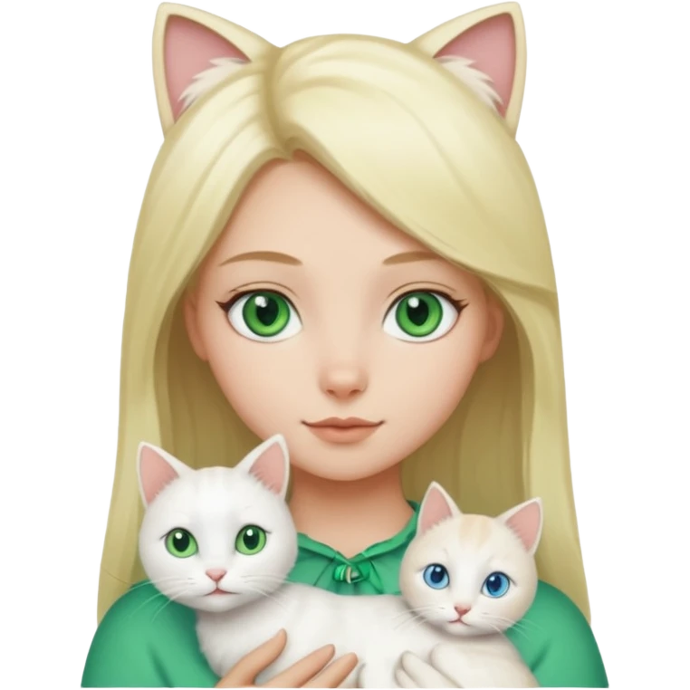 Blonde girl with green eyes holding a white cat with blue and green eyes emoji