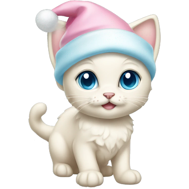 Cream kitten whole body with pastel blue eyes, and with pink Christmas hat emoji