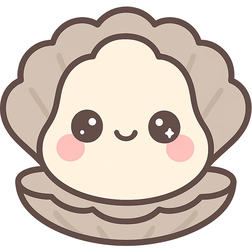 cute oyster, cream color, pink cheeks, doe eyes, greige shell, kawaii style emoji