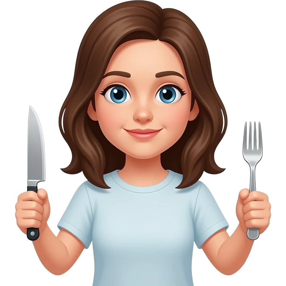 a girl with brown hair holding knofe on left arm and fork in right arm waiting food emoji