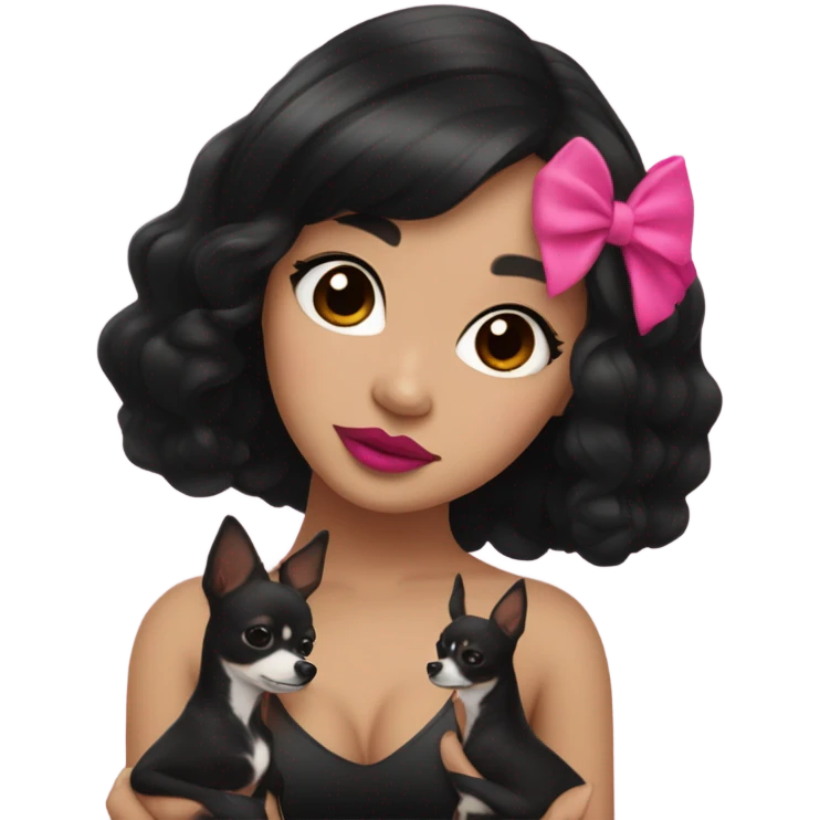 Thick medium black hair with hot pink lip and pink cheek Filipino lady hugging black and white Chihuahua  emoji
