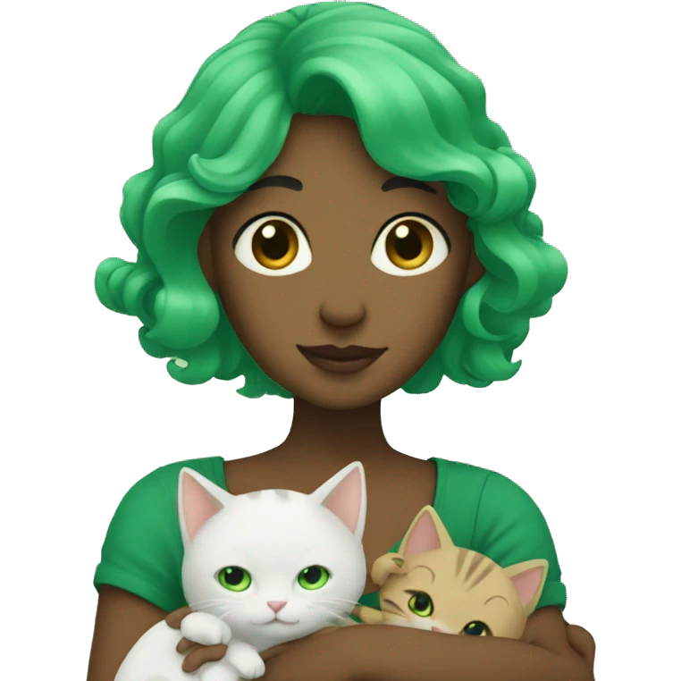 Green haired lady holding babies and cats emoji