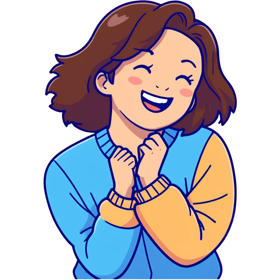 brunette girl with brown hair wearing pastel blue clothes laughing joyfully emoji