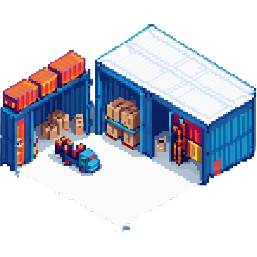 isometric warehouse building with loading dock, shipping containers, and forklift emoji
