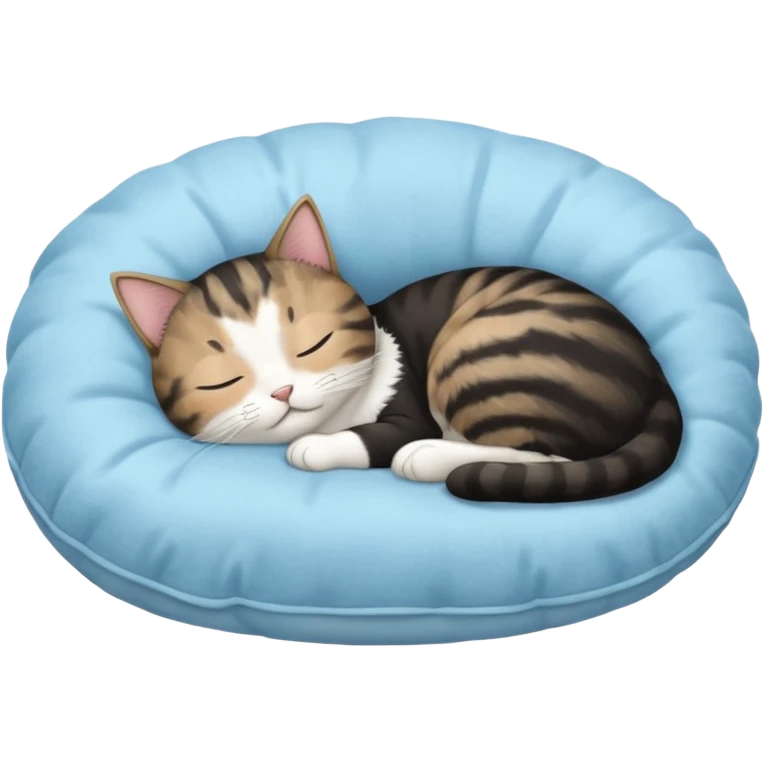tuxedo short haired cat with his eyes closed sleeping in a lightblue pillow emoji