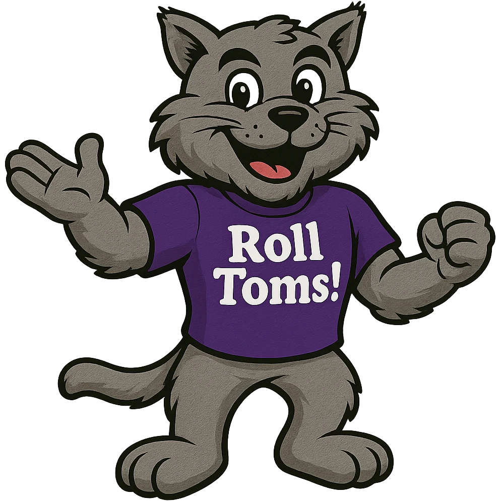 Tommie the Tomcat, University of St. Thomas (Minnesota) mascot, wearing a purple t-shirt with the text 'Roll Toms!' on it, in a friendly and spirited pose emoji